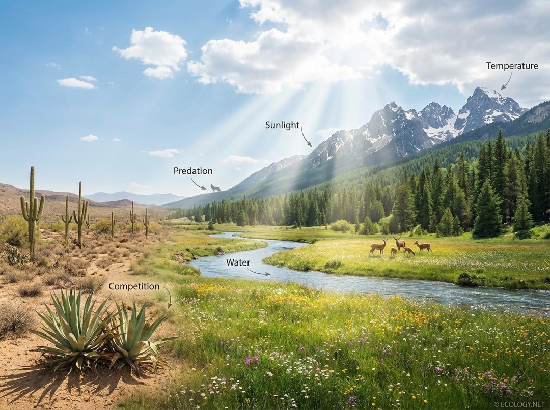 Landscape scene highlighting environmental factors like temperature, water, sunlight, predation, and competition affecting population distribution.