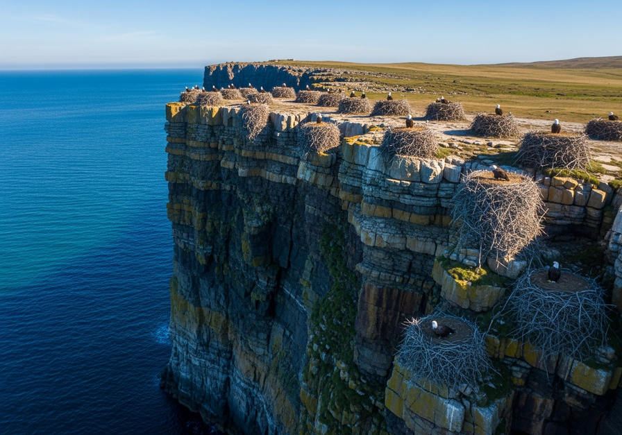 Aerial view of sea eagle nests spaced at regular intervals along a cliff edge, demonstrating uniform distribution.