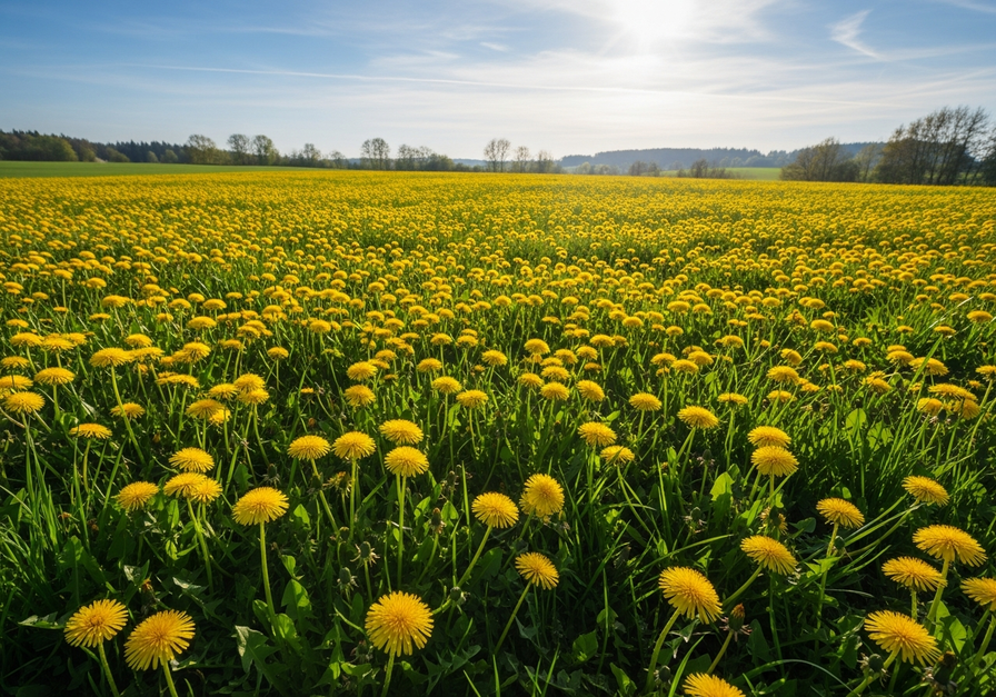 Dandelion flowers scattered randomly across a sunny meadow, representing a random distribution pattern.