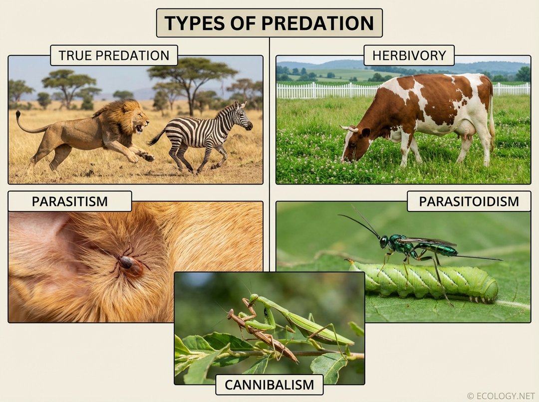 Diagram showing diverse forms of predation: true predation with a lion hunting a zebra, herbivory with a cow grazing, parasitism with a tick on a dog, parasitoidism with a wasp on a caterpillar, and cannibalism with praying mantises.