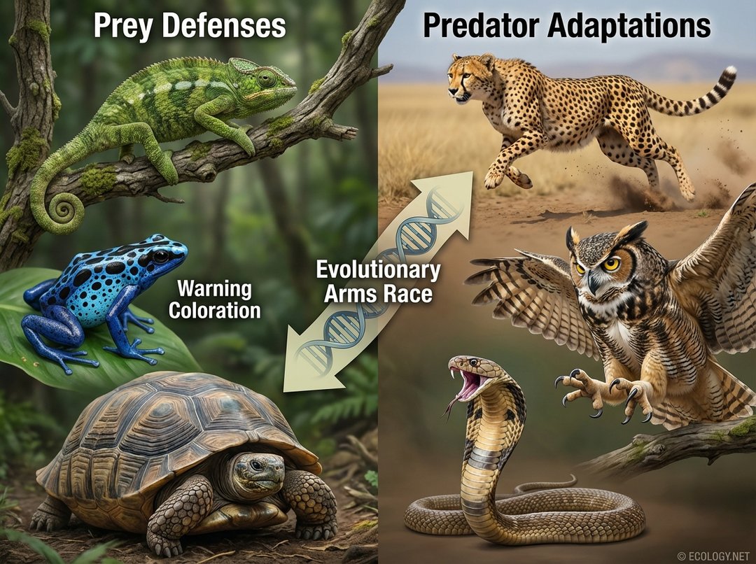 Illustration of the Evolutionary Arms Race, showing prey defenses like camouflage and warning coloration on one side, and predator adaptations like speed and sharp talons on the other.