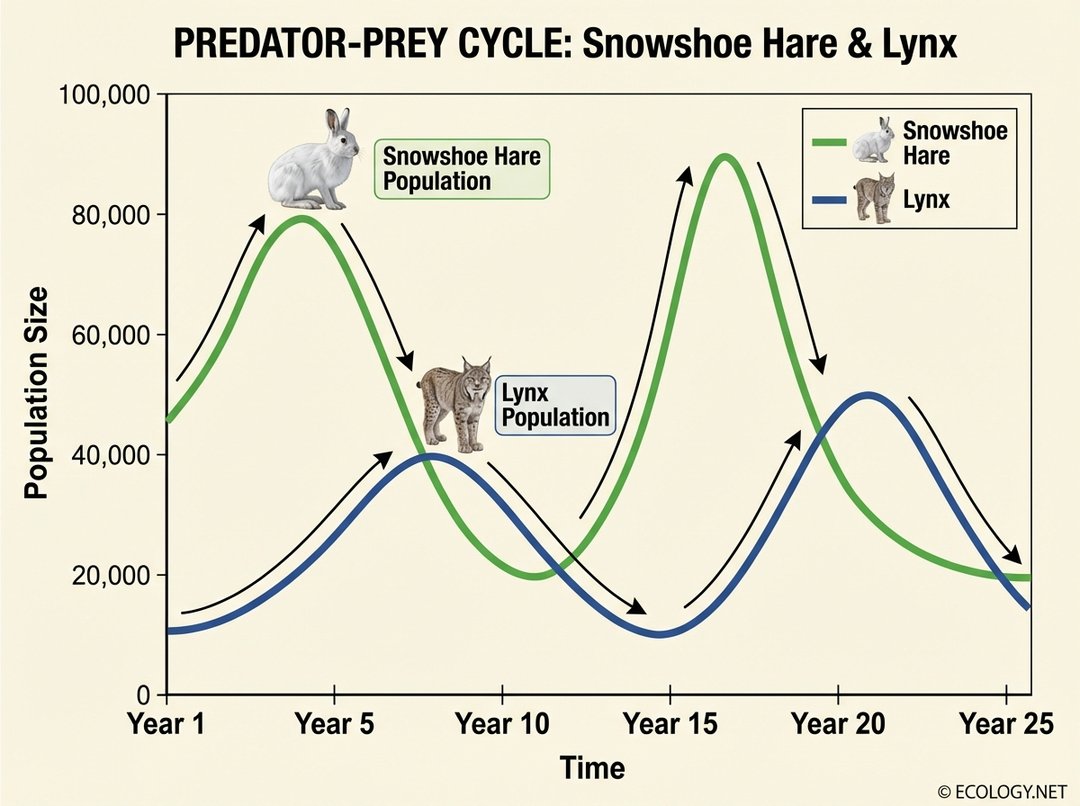 Line graph illustrating a classic Predator-Prey Cycle, showing the oscillating populations of snowshoe hares and lynx over time.