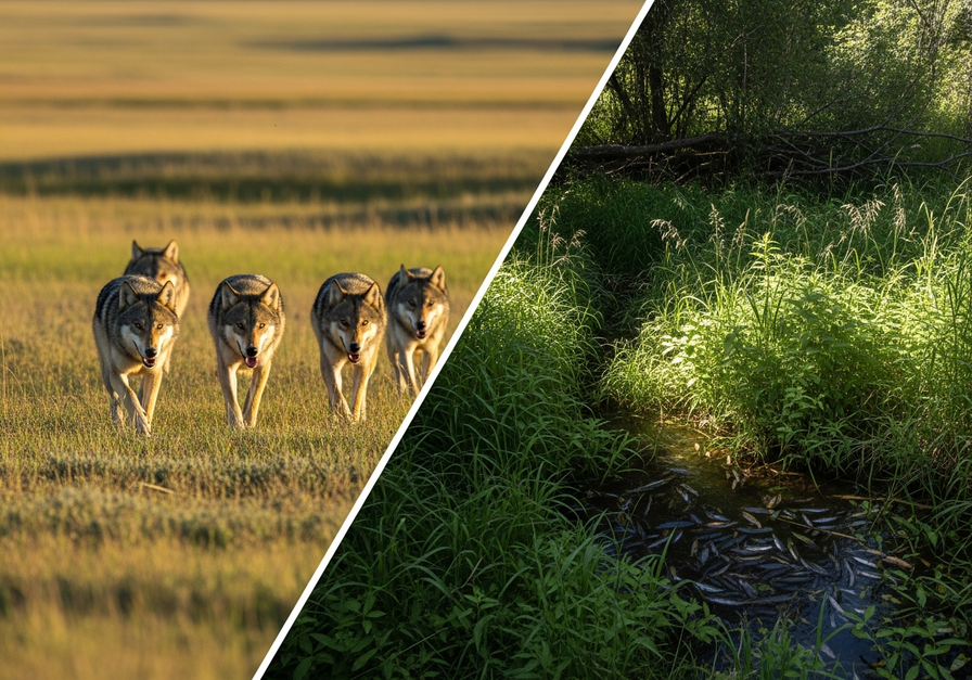 Split-screen image showing a wolf pack in Yellowstone grass on the left and a lush, overgrown riverbank on the right.