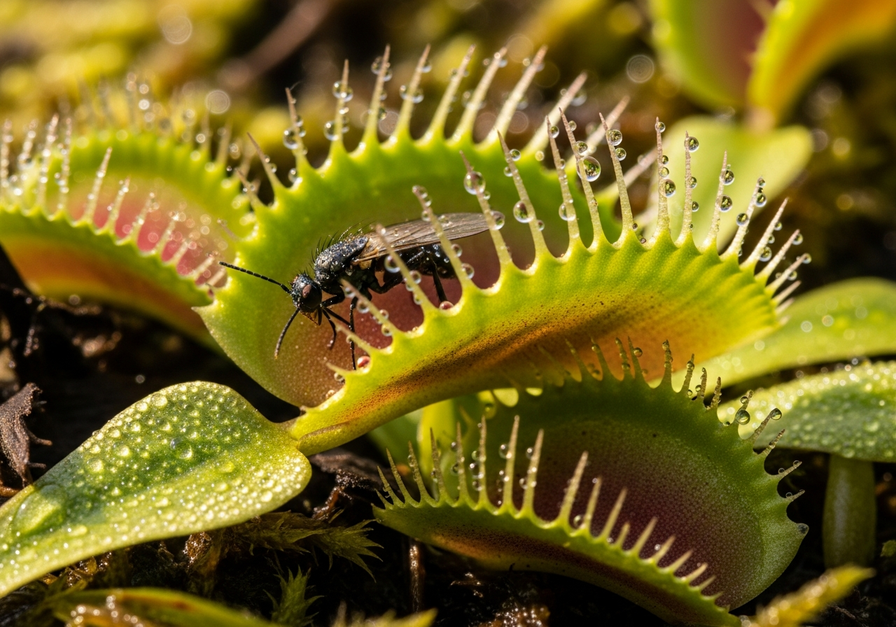 Macro photograph of a Venus flytrap with its leaves partially closed around a small insect.