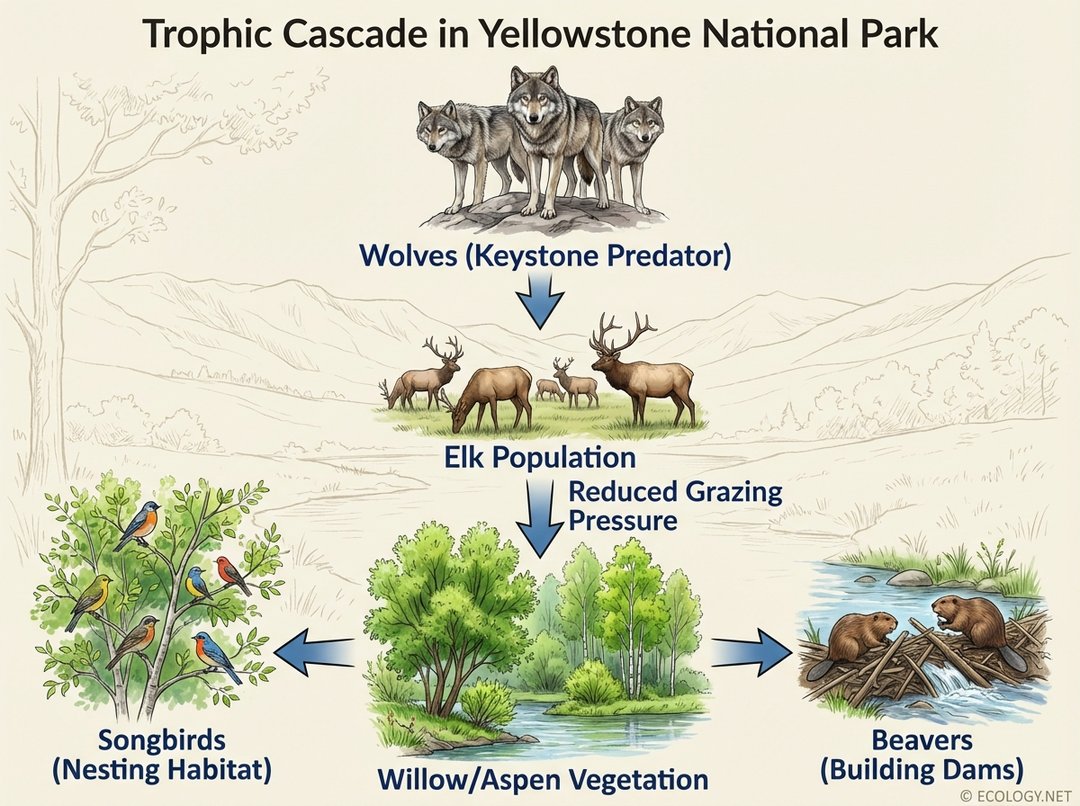 Diagram illustrating the Yellowstone trophic cascade: wolves reduce elk, allowing willow and aspen to recover, which benefits beavers and songbirds.