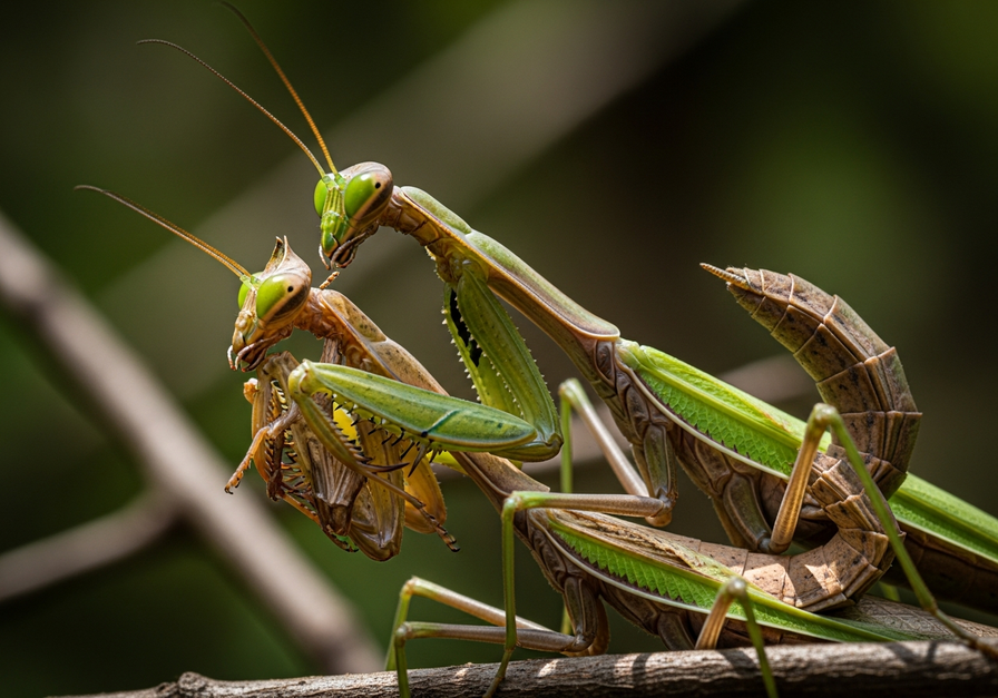Close-up photograph of a male praying mantis being consumed by a female praying mantis during mating.