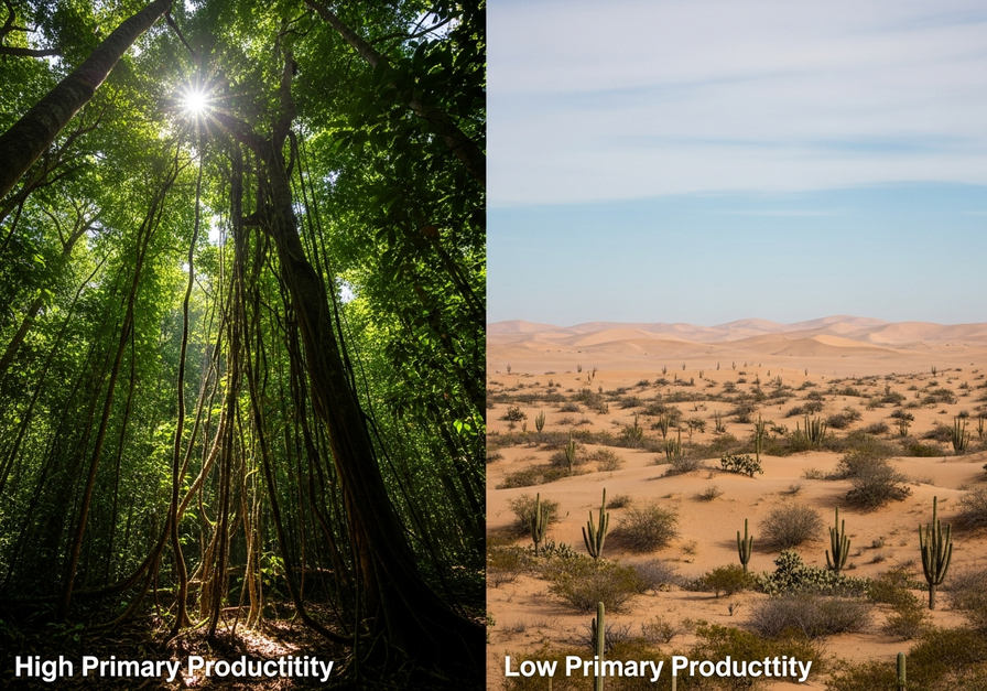 Split-screen image contrasting a dense tropical rainforest with an arid desert, illustrating high and low primary productivity.