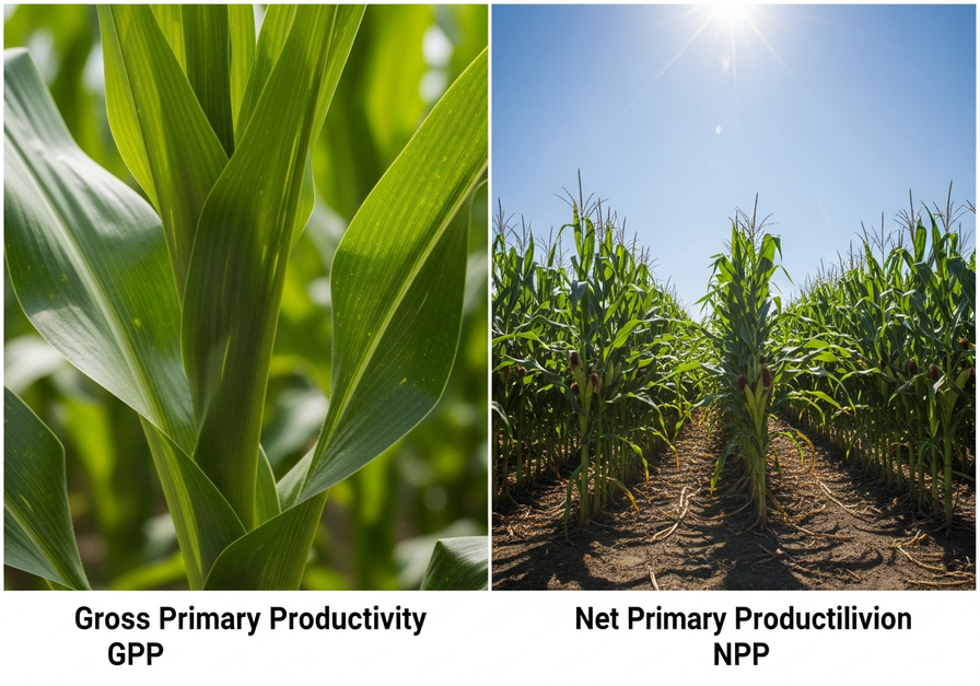 Split-screen image showing a close-up of a corn leaf for photosynthesis (GPP) and a cornfield for harvest (NPP).