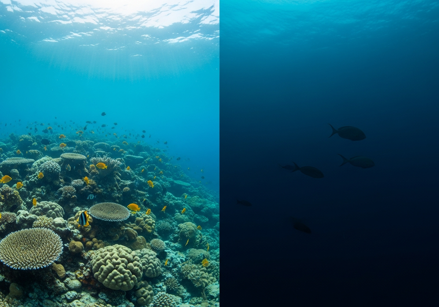 Split-screen image contrasting a vibrant coral reef with a dark deep ocean, showing differences in marine primary productivity.