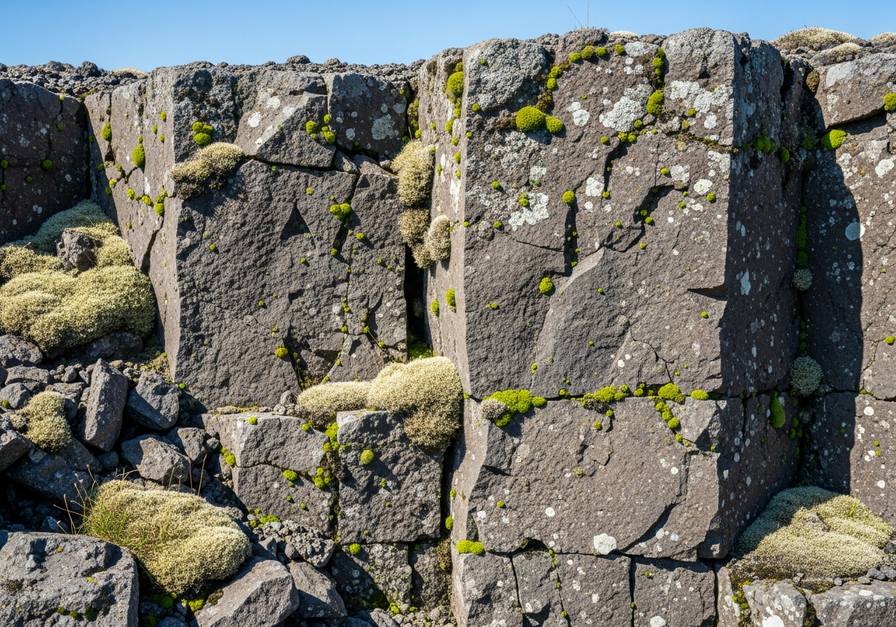 Close-up of lichens and mosses colonizing a barren volcanic rock face, showing the very first stage of primary succession.
