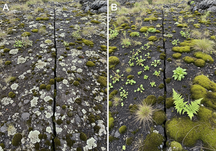 Split-screen image contrasting bare volcanic rock with a developing soil layer supporting grasses and ferns, illustrating intermediate primary succession.