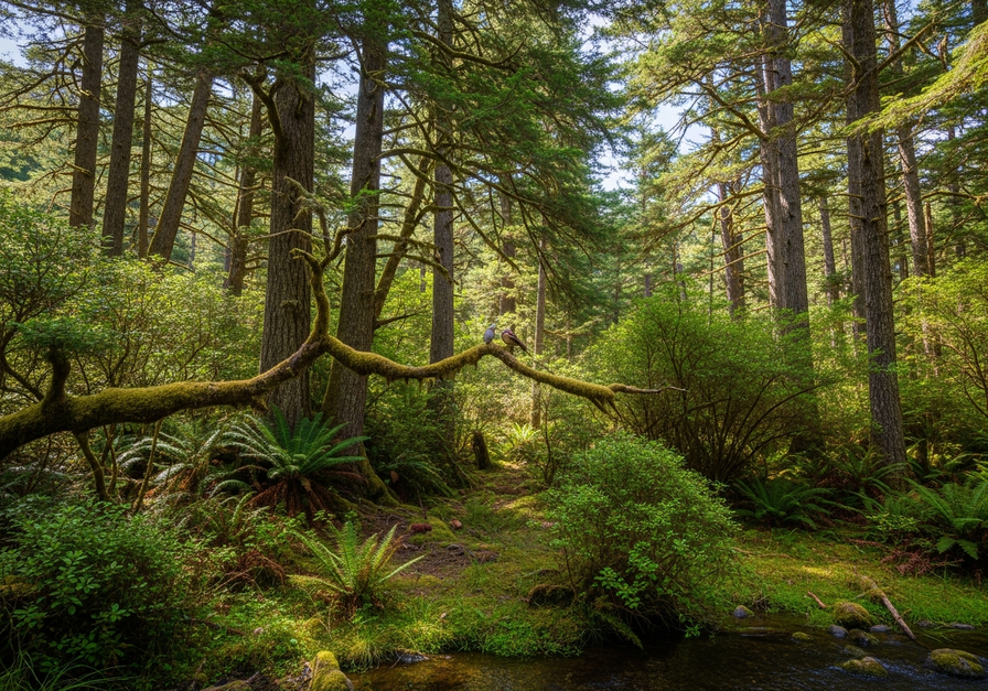 Wide-angle view of a mature temperate forest, representing a stable climax community developed on a former volcanic landscape.