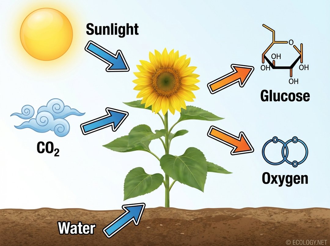 Diagram showing a plant performing photosynthesis, with arrows indicating sunlight, CO2, and water as inputs, and glucose and oxygen as outputs.