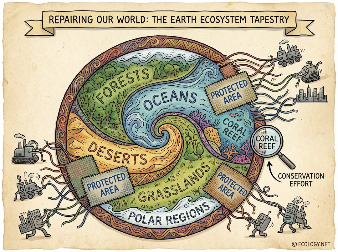 Illustrative diagram showing a vibrant tapestry representing Earth's ecosystems, with 'Protected Area' stitches repairing fraying parts.
