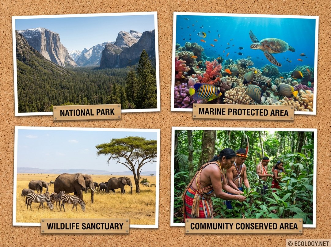 Collage of diverse protected areas including a national park, wildlife sanctuary, marine area, and community-conserved land.