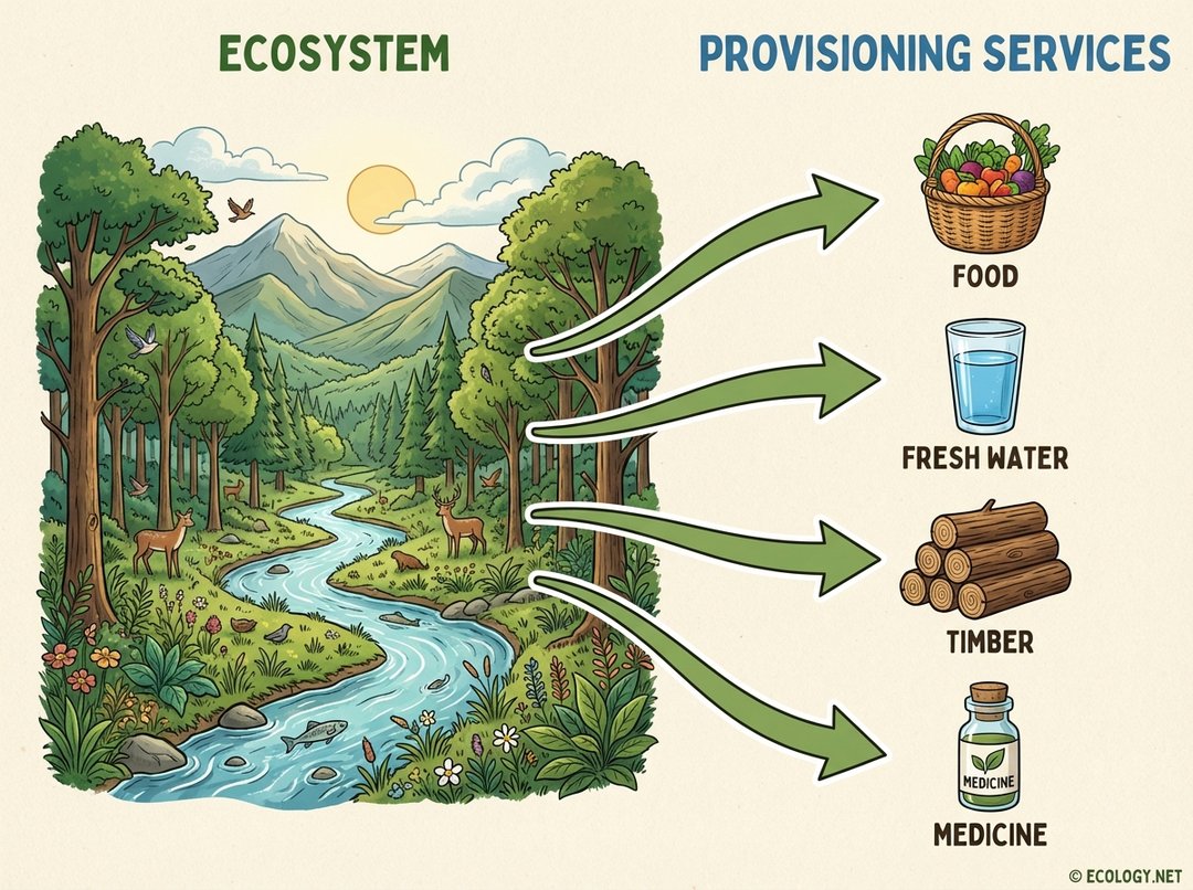 Diagram showing an ecosystem providing food, water, timber, and medicine.