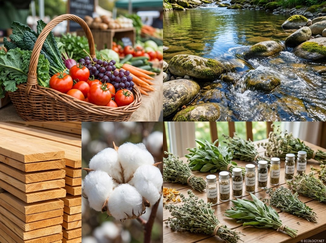 Collage of fresh food, clean water, timber, and medicinal plants.