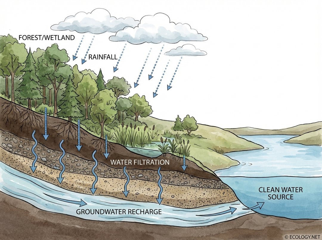 Cross-section diagram illustrating forest filtration of rainwater into clean water.