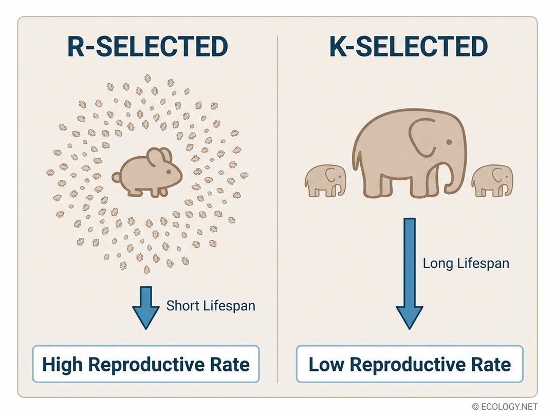 Diagram comparing r-selected and K-selected species, showing high vs. low reproductive rates and short vs. long lifespans.