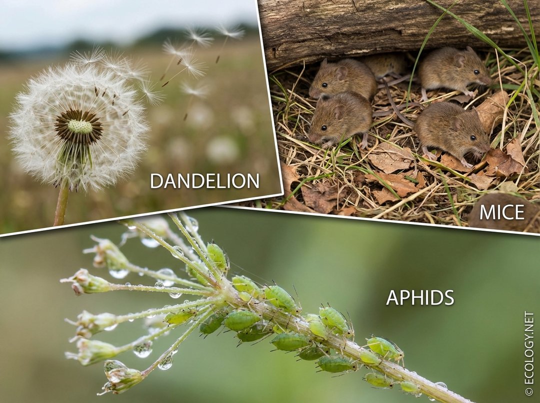 Montage of diverse r-selected species examples: a dandelion, mice, and aphids.