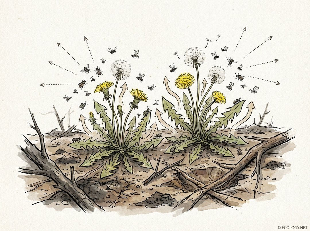 Illustration of r-selected species like dandelions and insects rapidly colonizing a disturbed habitat.