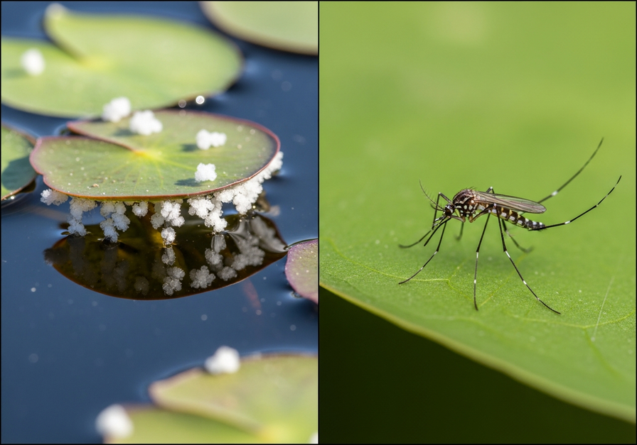 A split image showing mosquito eggs on lily pads and an adult mosquito on a leaf, illustrating small body size, short lifespan, and prolific reproduction.
