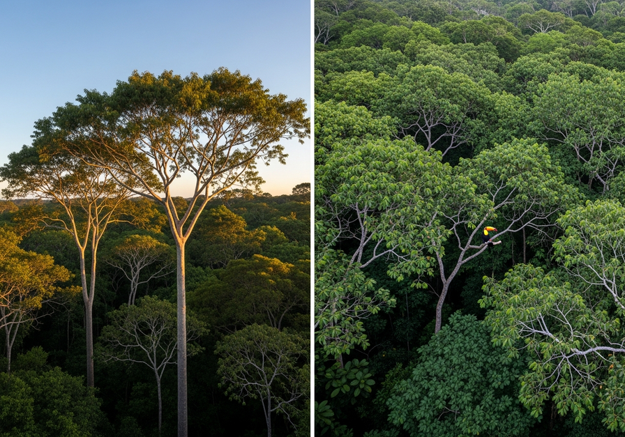 Split-screen image showing the towering emergent layer with mahogany trees on the left and the dense canopy layer with a toucan on the right in a tropical rainforest.