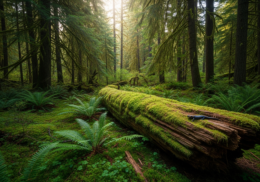 Dawn light filtering through Sitka spruce trees onto a mossy forest floor with ferns and a salamander on a log in a Pacific Northwest temperate rainforest.