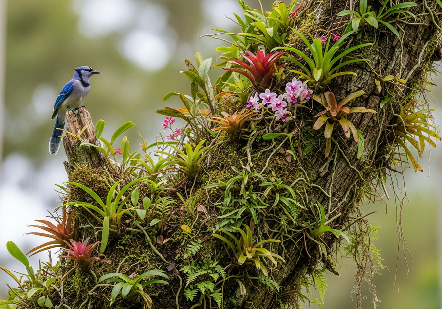 Close-up of a tropical rainforest tree trunk covered in vibrant epiphytes like orchids, bromeliads, and ferns, with a blue jay on a nearby branch.