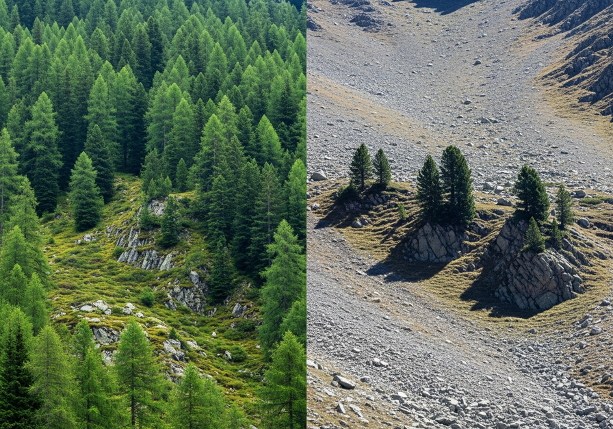 Split image showing a dense conifer forest at a low tree line on the left and scattered, stunted pines at a higher, previously barren elevation on the right, illustrating tree line advancement due to warming.