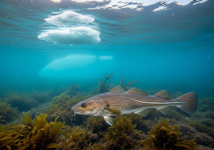 Underwater photo of a large Atlantic cod swimming near the seabed with distant icebergs visible above the surface, illustrating its northward range expansion into historically colder waters.