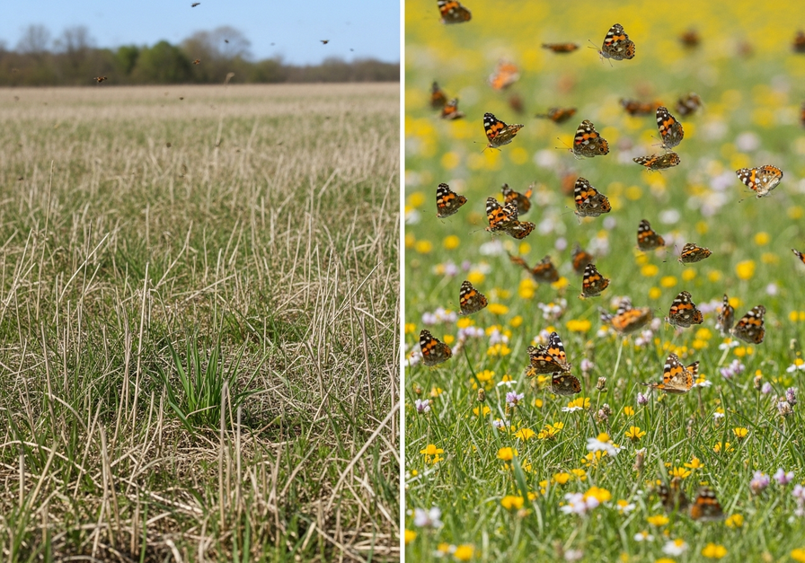 Split image showing a relatively barren meadow on the left and the same meadow teeming with butterflies of a species historically found further south on the right, demonstrating butterfly range expansion into new northern areas.