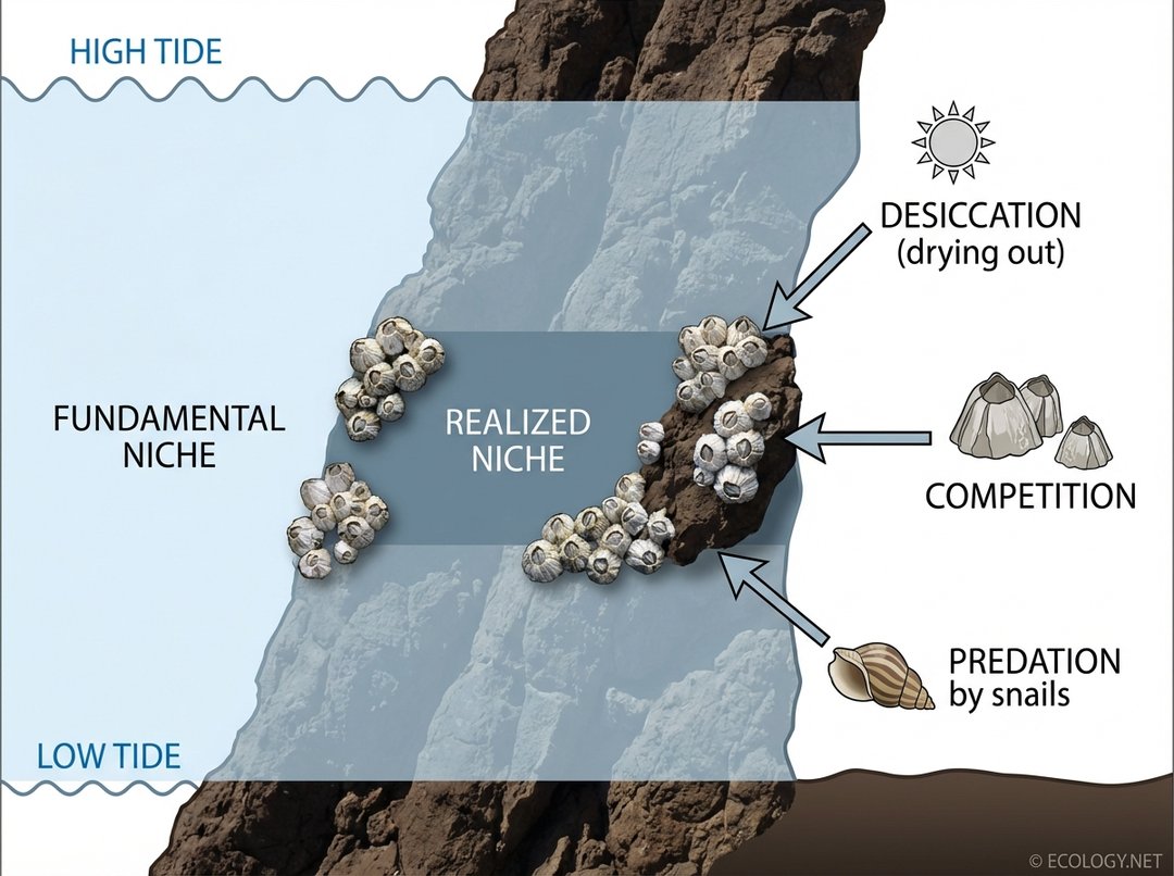 Diagram showing fundamental vs. realized niche for barnacles on a rock face, with limiting factors like competition, predation, and desiccation clearly marked.