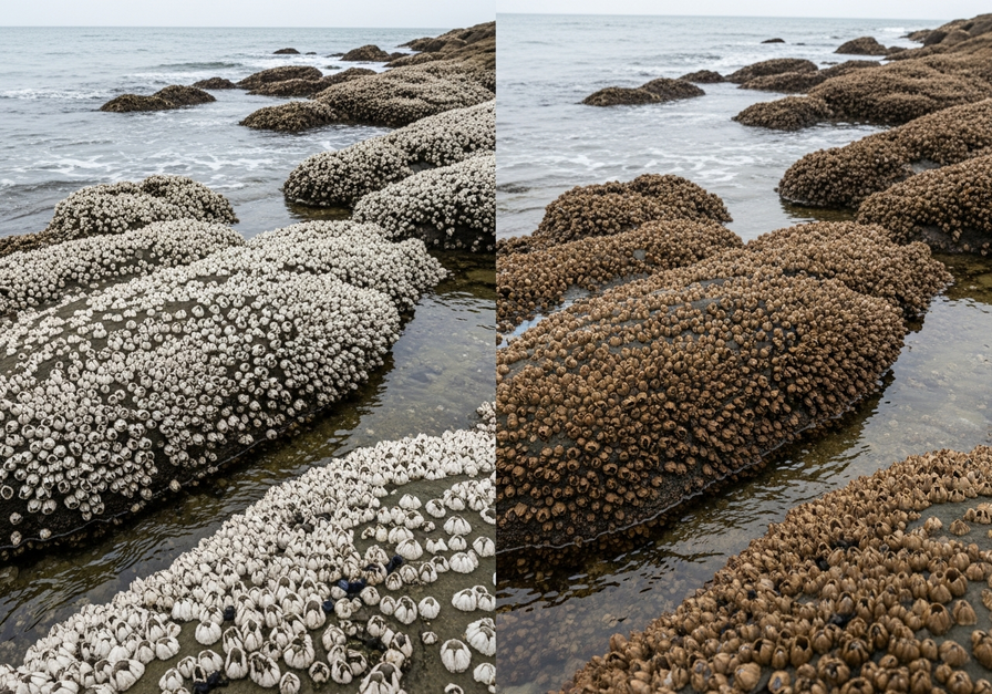 Split-screen photo of a rocky coastline. Left shows white Chthamalus barnacles high on exposed rock at high tide. Right shows brown Balanus barnacles on partially submerged rocks at low tide.