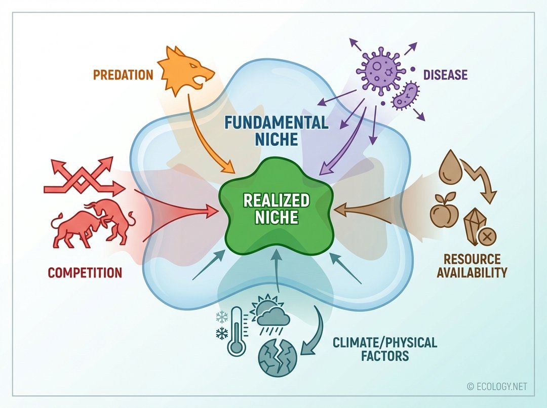 Diagram illustrating how various ecological factors like competition, predation, disease, resource availability, and climate constrain a species' fundamental niche into a smaller realized niche.