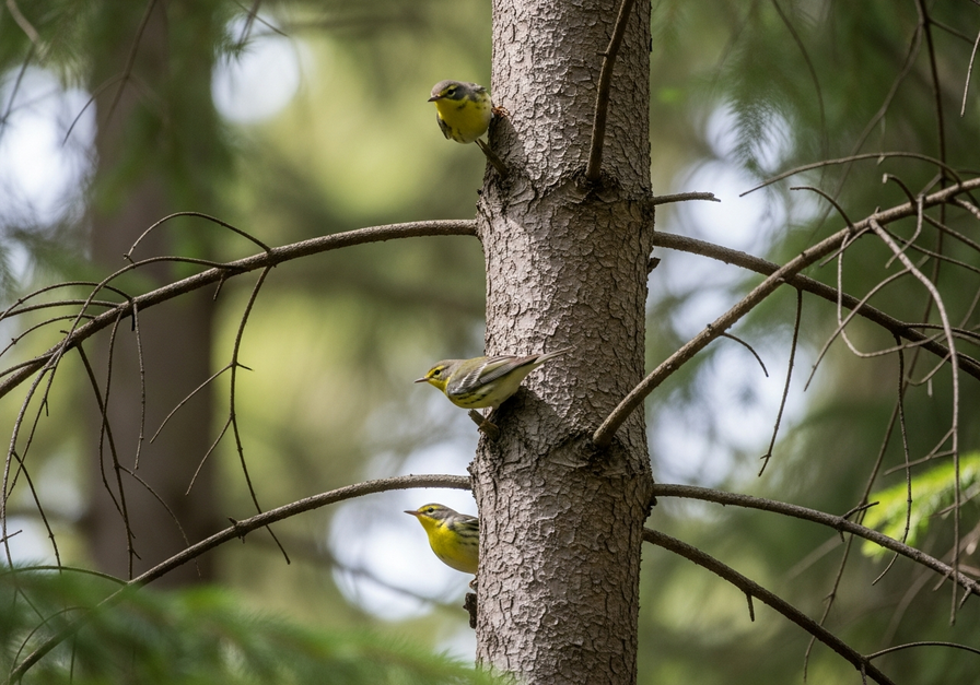 Three warblers perched at different vertical heights on a spruce tree trunk and branches in a forest.