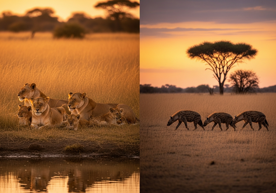 Split-screen photo of an African savanna. Left shows lions resting near a waterhole. Right shows hyenas moving through the same area.
