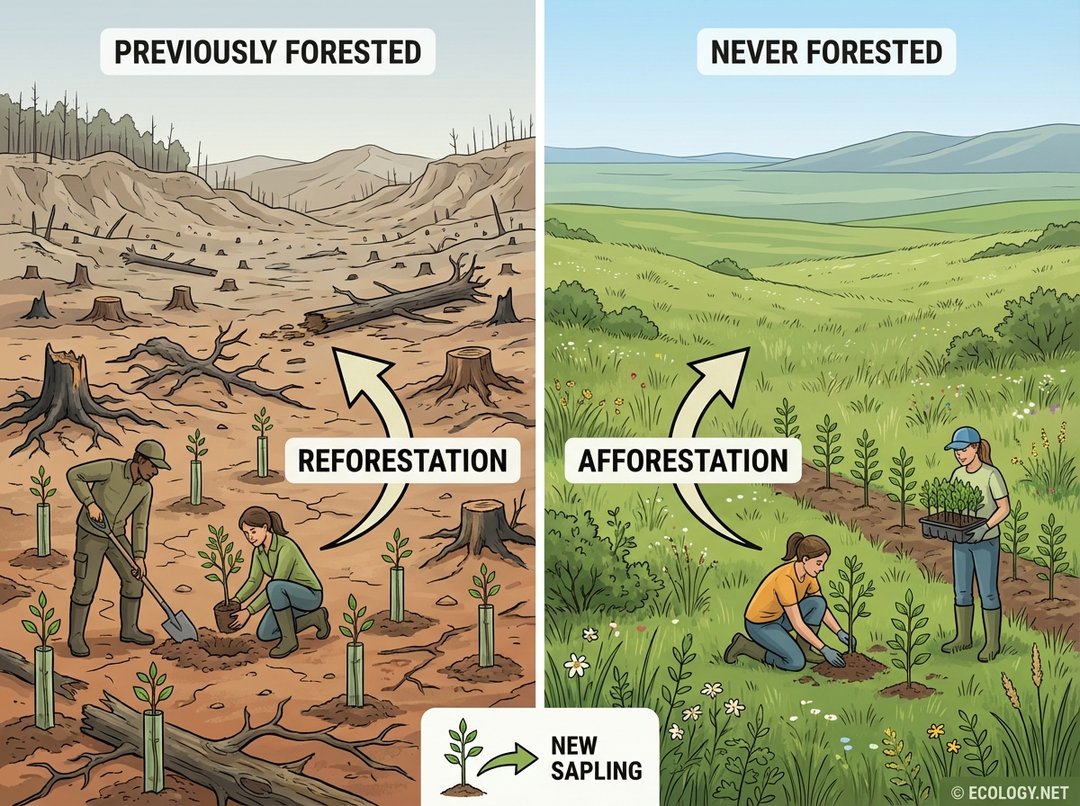 Diagram illustrating the difference between reforestation (planting trees in previously forested areas) and afforestation (planting trees in never-forested areas).