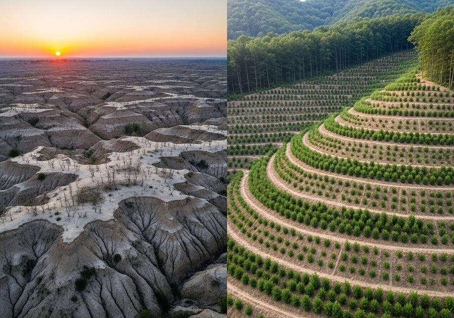 Split-screen drone view of China's Loess Plateau, showing barren, eroded land on the left and a newly reforested, green landscape on the right.