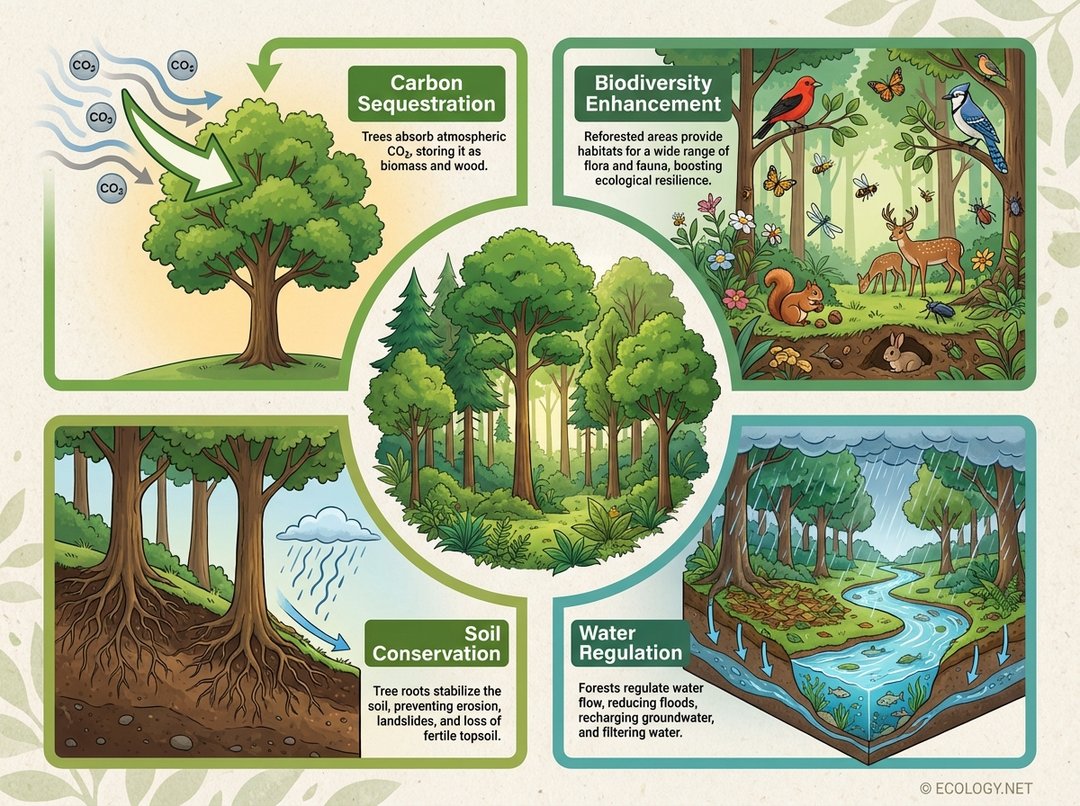 Diagram showing the benefits of reforestation including carbon sequestration, biodiversity enhancement, soil conservation, and water regulation.