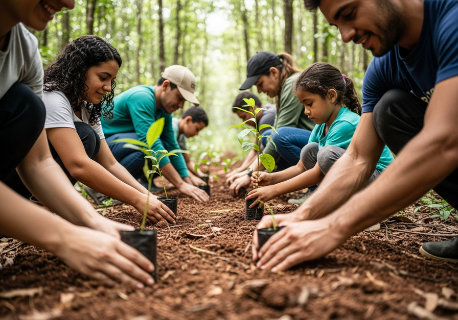 Local community members, including men, women, and children, planting native seedlings in the Atlantic Forest of Brazil.
