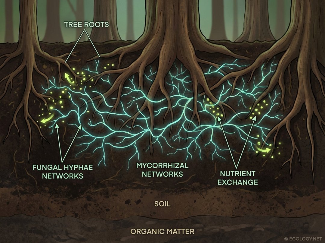 Cross-section diagram of a forest floor showing tree roots intertwined with glowing fungal hyphae forming mycorrhizal networks for nutrient exchange.