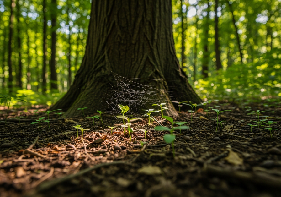Close-up view of a forest canopy with subtle, glimmering mycorrhizal networks visible in the dappled light, connecting tree roots.