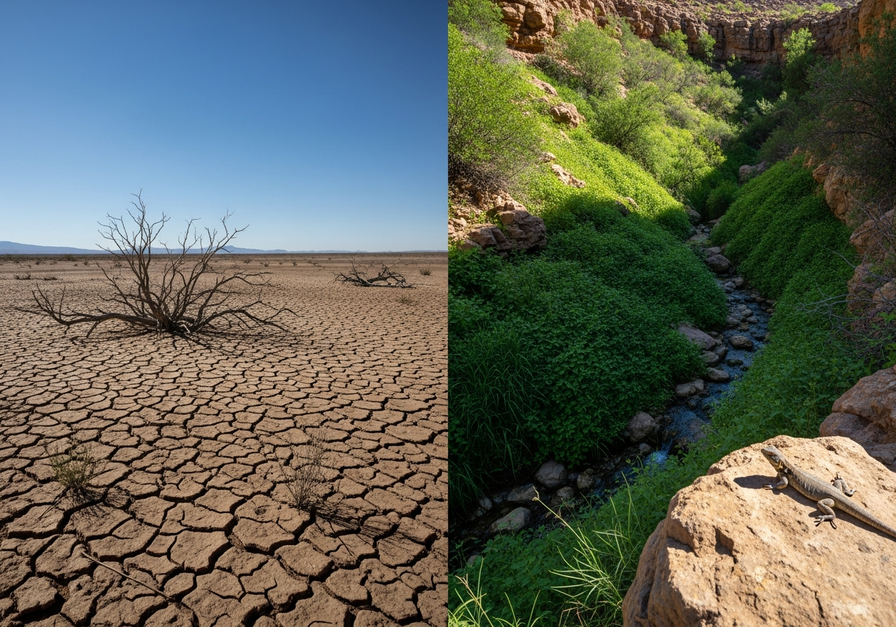 Split-screen showing a scorching desert plain on the left and a lush, shaded desert slope on the right, illustrating a climate refugium.