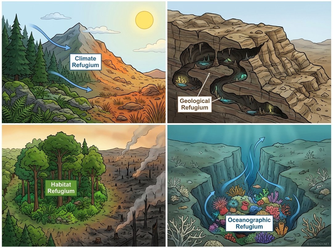 A diagram with four panels illustrating different types of ecological refugia: a climate refugium on a mountain slope, a geological refugium in a cave, a habitat refugium in an unburned forest patch, and an oceanographic refugium with healthy coral.