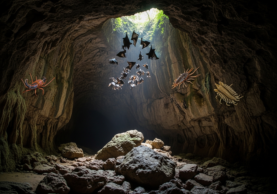Entrance view of a dark, cool limestone cave with bats and invertebrates, representing a geomorphological refugium.