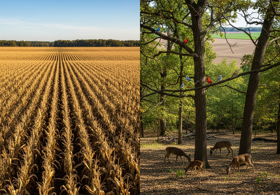 Split-screen showing a vast cornfield on the left and a small, biodiverse oak forest patch on the right, demonstrating a habitat refugium.