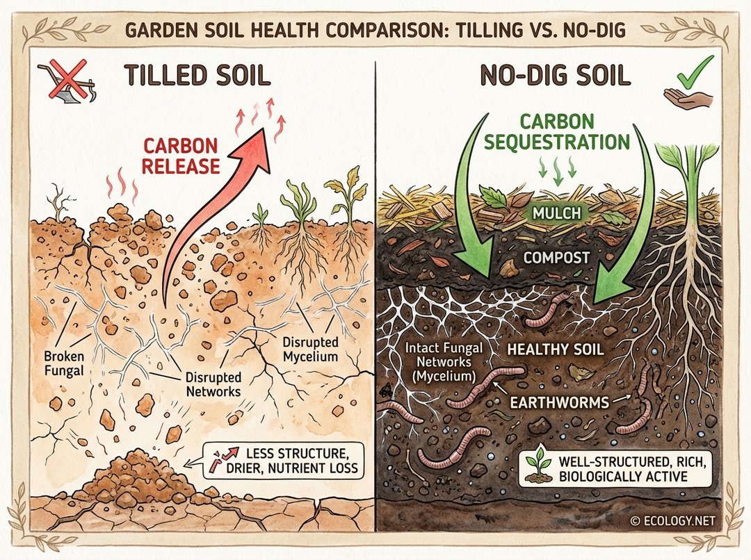 Illustrative diagram comparing tilled soil with disrupted structure and carbon release to healthy no-dig soil with intact networks and carbon sequestration.