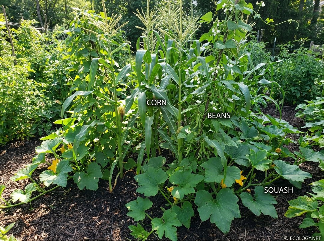 Photo-realistic image of a thriving Three Sisters garden with corn, pole beans, and squash growing together.