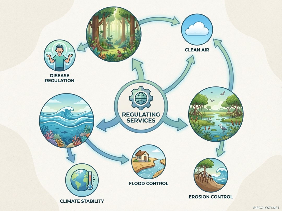 Diagram showing 'Regulating Services' as a central hub with arrows pointing to forests, oceans, and wetlands, which then lead to human benefits like clean air, flood control, climate stability, disease regulation, and erosion control.